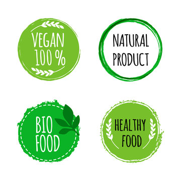 Vegan round logos, badges. Set of hand drawn bio, healthy food badges. Vector illustration
