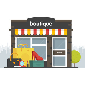 Boutique Facade. Illustration Of A Boutique In A Flat Style. Box And Shopping Bag Clothing, Shoes, Heels, Cosmetics. Vector