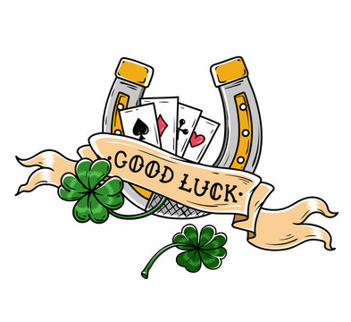 Tattoo horseshoe, four leaf clover and playing cards. Good Luck tattoo. Old school style. Lucky symbol