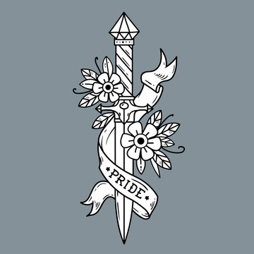 Vector tattoo dagger with flowers and ribbon.Pride