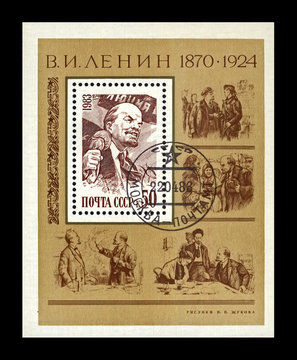 Vladimir Uliyanov (Lenin, 1870-1924), famous politician proletariat leader, USSR, circa 1983. canceled vintage postal stamp isolated on black background. 