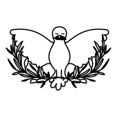 pigeon peace symbol front view with olive branch in her peak on black silhouette vector illustration