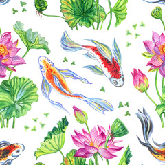 Seamless pattern of lotus flowers and Japanese koi, hand-drawing. Seamless pattern from lotus and fish.