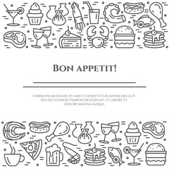 Meals theme black and white banner. Pictograms of steak, fish, pie, wine, shrimp, pizza and other restaurant food related pictograms. Line out. Simple silhouette. Editable stroke Vector illustration