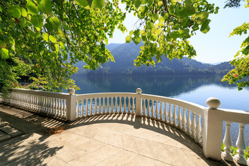 Semicircular classic balcony on the shore of Lake Ritsa, at the state residence in Abkhazia