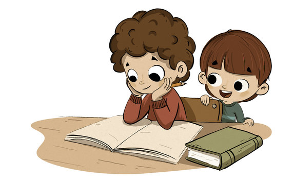 Niño estudiando con su hermano pequeño ilustración de Stock | Adobe Stock