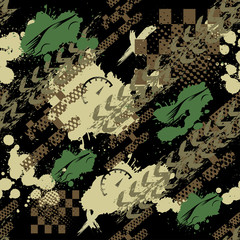 Abstract seamless sport pattern for girls, boys. Creative sport vector background with car, geometric figures ,stripes, speedometer, tires. Funny wallpaper for textile and fabric. Fashion sport style.