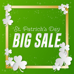 St. Patrick 's Day square sale banner. Composition with clover, gold strips and bright point. Vector illustration.