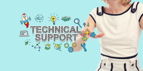 Technical Support text with young woman on a blue background