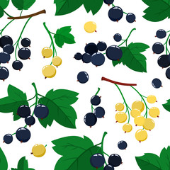 Vector seamless pattern with cartoon currant berries with green leaves