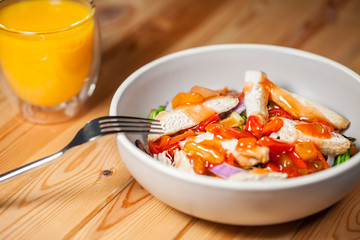 Sweet and sour chicken vegetable stirfry. Healthy low calorie lunch.