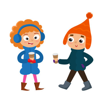 Set of young teenage in winter clothes with coffee