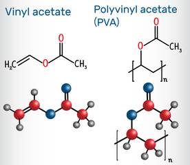 Polyvinyl acetate (PVA) polymer and vinyl acetate monomer molecule . Structural chemical formula and molecule model