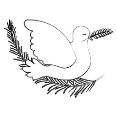 pigeon peace symbol side view with olive branch in her peak on blurred silhouette vector illustration