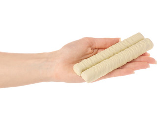 Chocolate bar stick white milk chocolate in hand