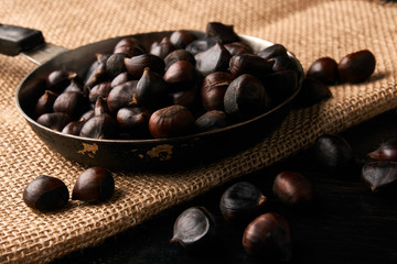 Roasted chestnuts on cooking pan