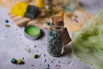 Spa: soap, cosmetic salt, jars, shampoo, aromatic stones