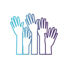 set several arms hands gesture on gradient color silhouette from blue to purple vector illustration
