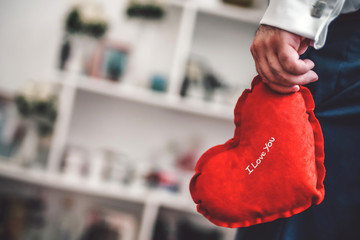 Handsome man holding heart shaped pillow