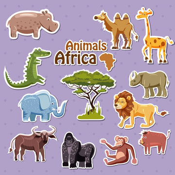 Set of cute African animals stickers, cartoon style, isolated, vector, illustration