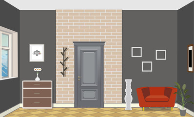Fototapeta premium Illustration of a room with doors, a red chair, vase, picture and commode. Interior of the room with furniture.