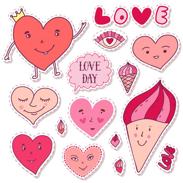 Cute girly Stickers. Cartoon doodle hearts collection. Valentines day funny art. Romantic prints and greeting cards decoration.