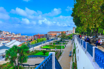 View of old town Lisbon and Sao Jorge Castle from Miradouro de S
