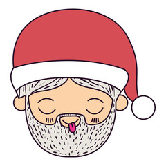 santa claus man kawaii face eyes closed and tongue out happiness expression with hat on colorful silhouette vector illustration