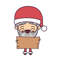 santa claus cartoon holding a wooden piece with face expression smiling on colorful silhouette vector illustration
