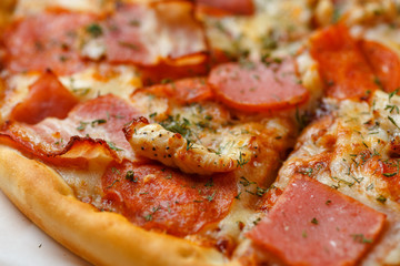 Fresh Hot Italian Pizza close up, macro photo