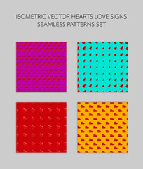 Isometric hearts seamless pattern set vector background