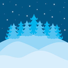 winter landscape with pines and sky with stars on colorful silhouette vector illustration