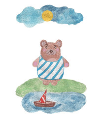 Hand paint watercolor cute bear near water with little boat
