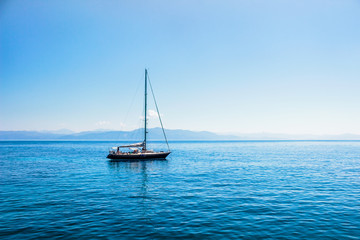 Small boat on the open sea. Very nice yacht and very nice view.