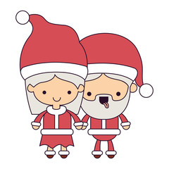 santa claus couple cartoon full body woman happiness and man with tongue out colorful silhouette on white background vector illustration