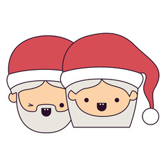 santa claus couple cartoon faces man wink eye and woman smiling colorful silhouette on white background vector illustration