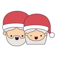 santa claus couple cartoon faces man and woman smiling colorful silhouette on white background vector illustration