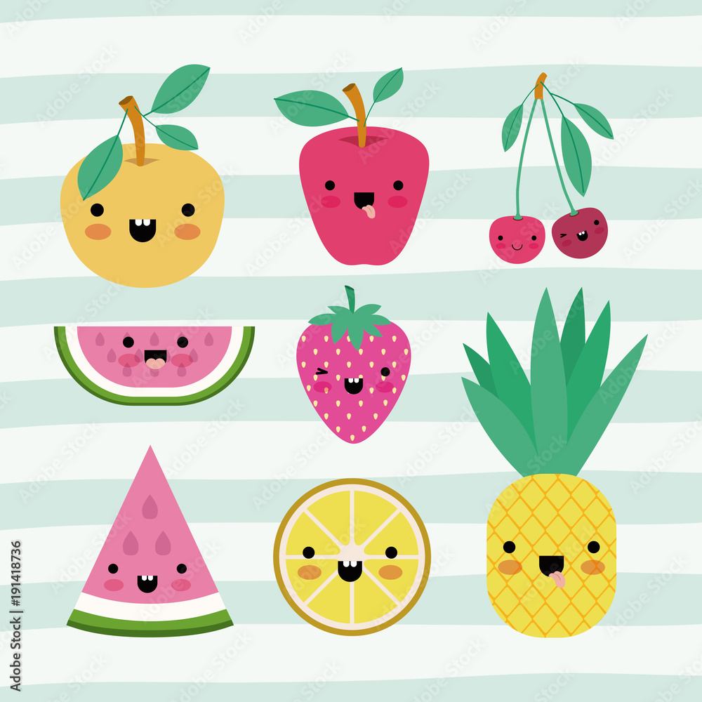 Poster kawaii fruits set collection on decorative lines color background vector illustration