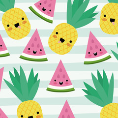 kawaii fruits pattern set with face expression on decorative lines color background vector illustration