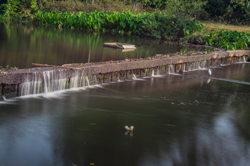 Small irrigation dam with water flowing