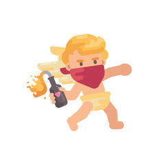 Cute rebel cupid in red face bandana throwing a Molotov cocktail. Valentines Day flat character illustration
