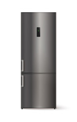 Silver household refrigerator. Vector realistic illustration.