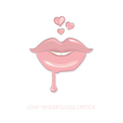 Love tender gloss lipstick. Thematic illustration of sensual lips with light pink lipstick smiles. Lips and aerial hearts vector fashion cosmetics design.
