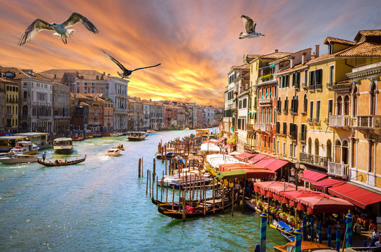 Panoramic sunset view of famous Grand Canal in Venice, Italy