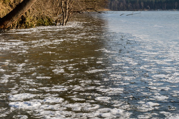 Ice on the lake. A frozen lake. Kra, ice on the water's surface.