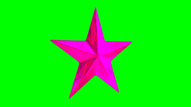 Animated spinning shinning pink or magenta star against green background. Loop able and isolated. High reflective surface.