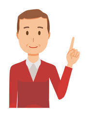 A middle-aged man wearing a sweater is pointing