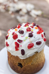 Easter sweet bread Orthodox kulich, paska, willow twigs. Easter Colorful eggs on gray wooden background. Easter Holidays breakfast. Easter Palm Sunday.