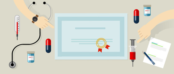 certified standard medical devices and person education in health care hospital seal on paper