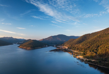 Aerial drone shot over the dam, Mae Kuang Dam at Chaing Mai province in THAILAND..